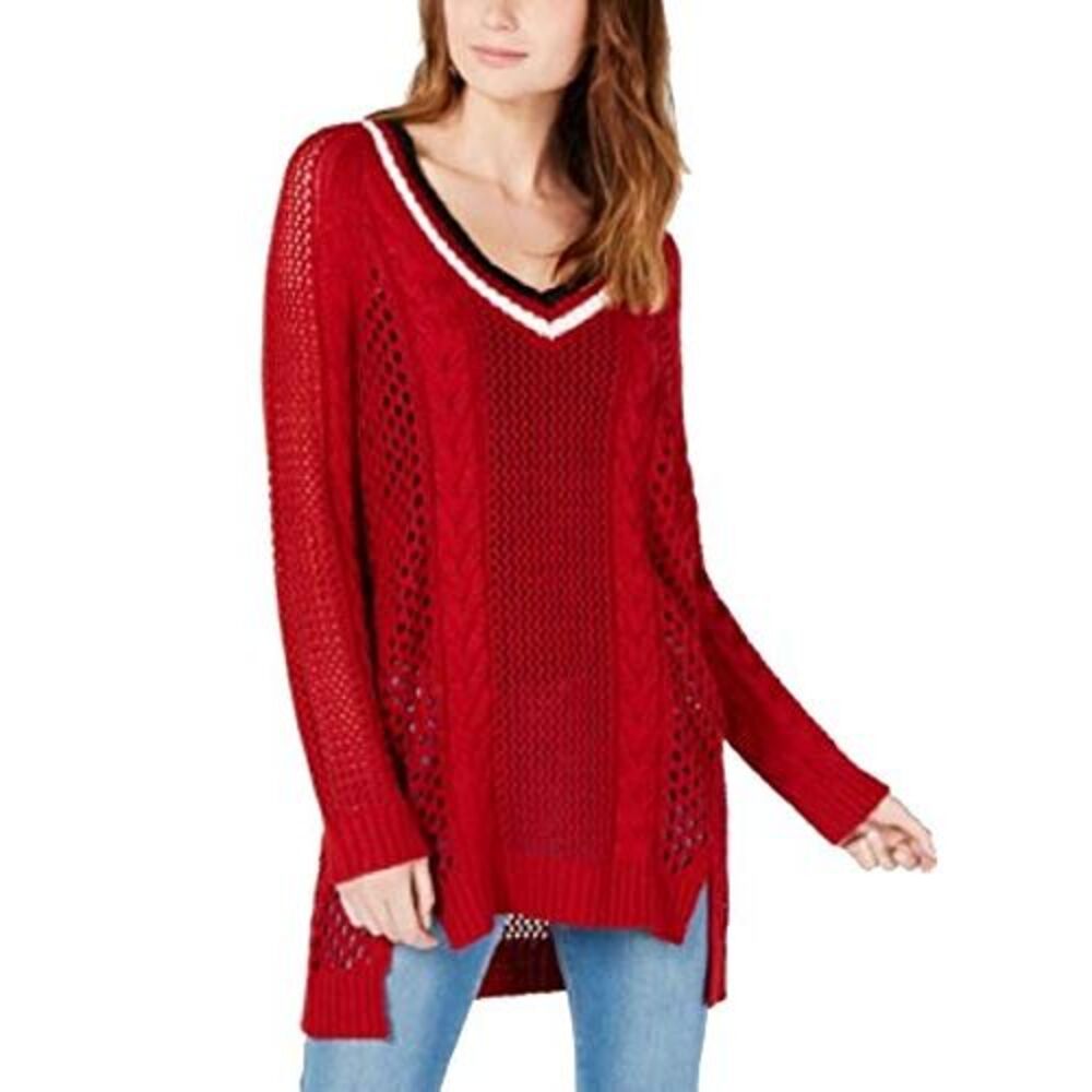 Ultra Flirt By Ikeddi Juniors Pointelle Varsity Tunic Sweater